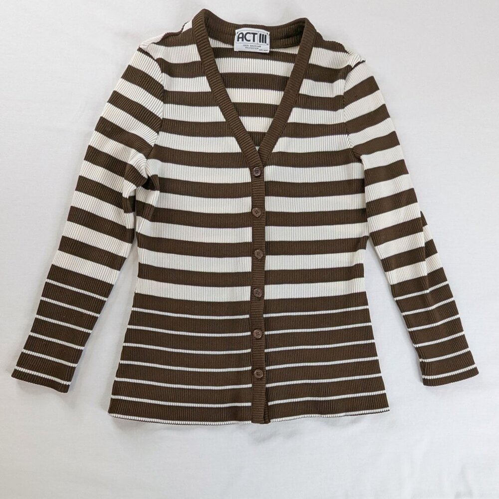 VTG Brown White Ribbed Button Front Stripe V Neck Cardigan